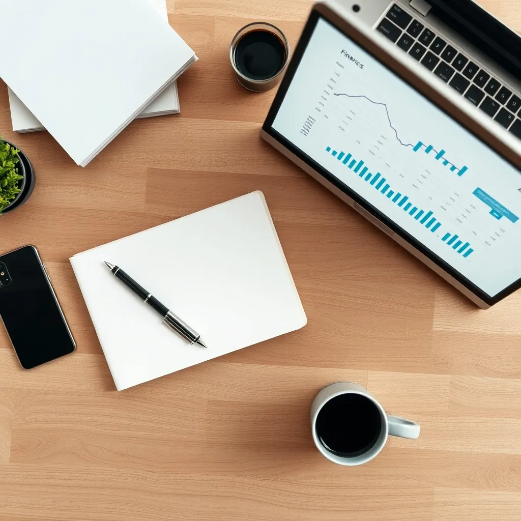 A minimalist, top-down photograph of a clean wooden desk wit