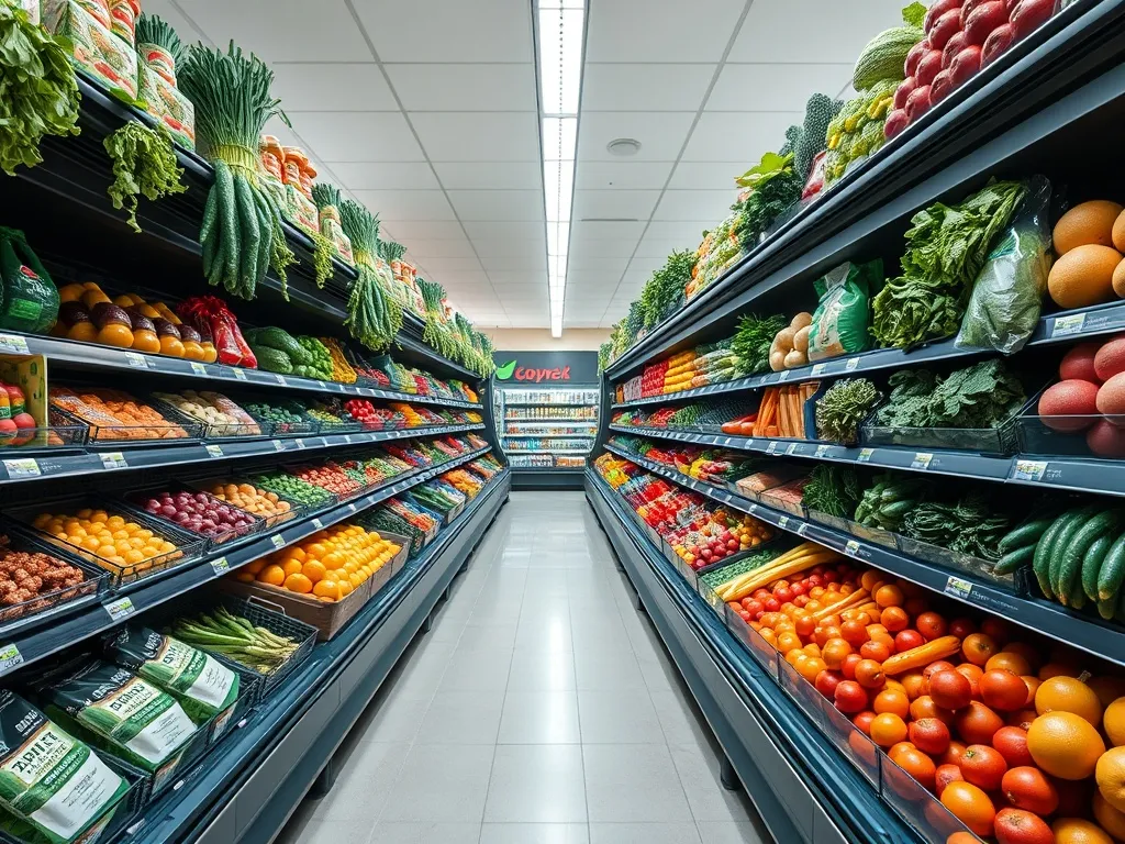 A clean, organized grocery store aisle with fresh produce, f