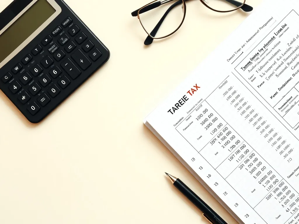 A professional office desk with a calculator, tax forms, and