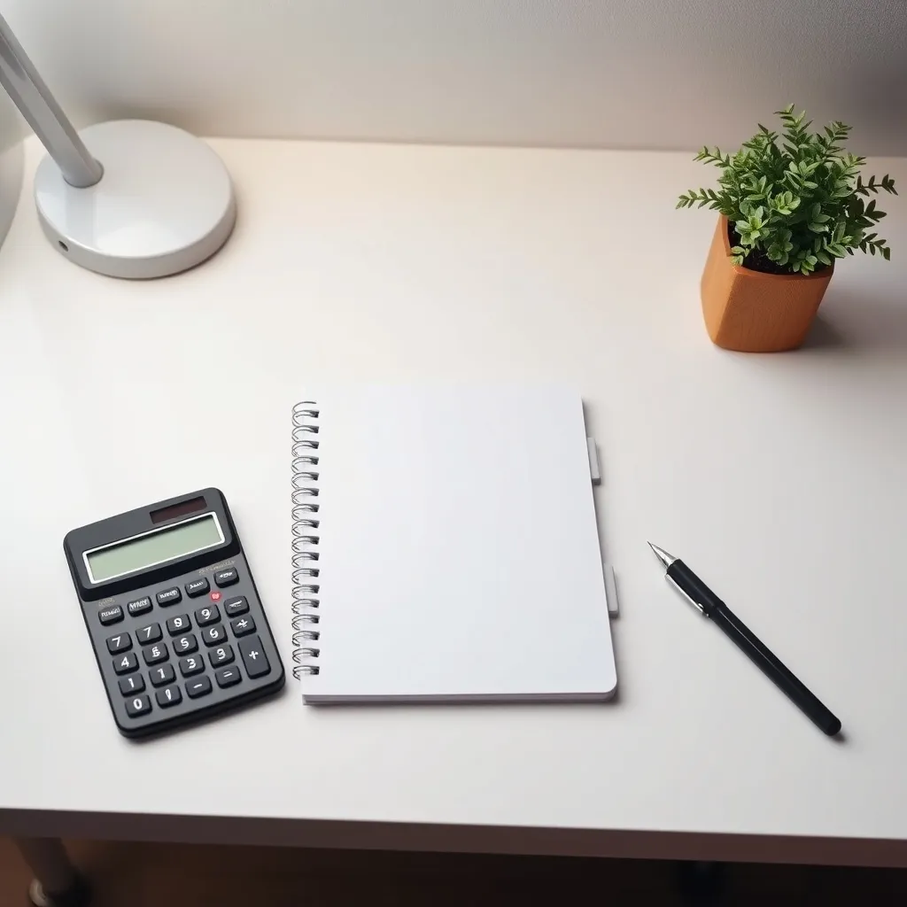 A clean desk with a calculator, a notebook, and a small wood