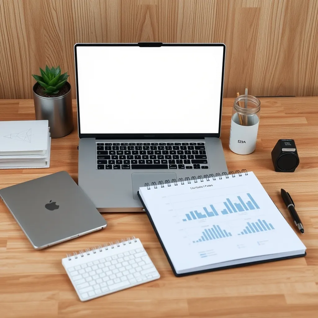 A minimalist organized office desk with a laptop, a notebook